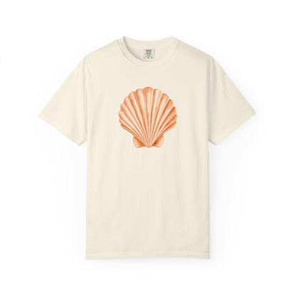 Shell Pocket T-Shirt — Minimal Beach Tee with Orange Seashell
