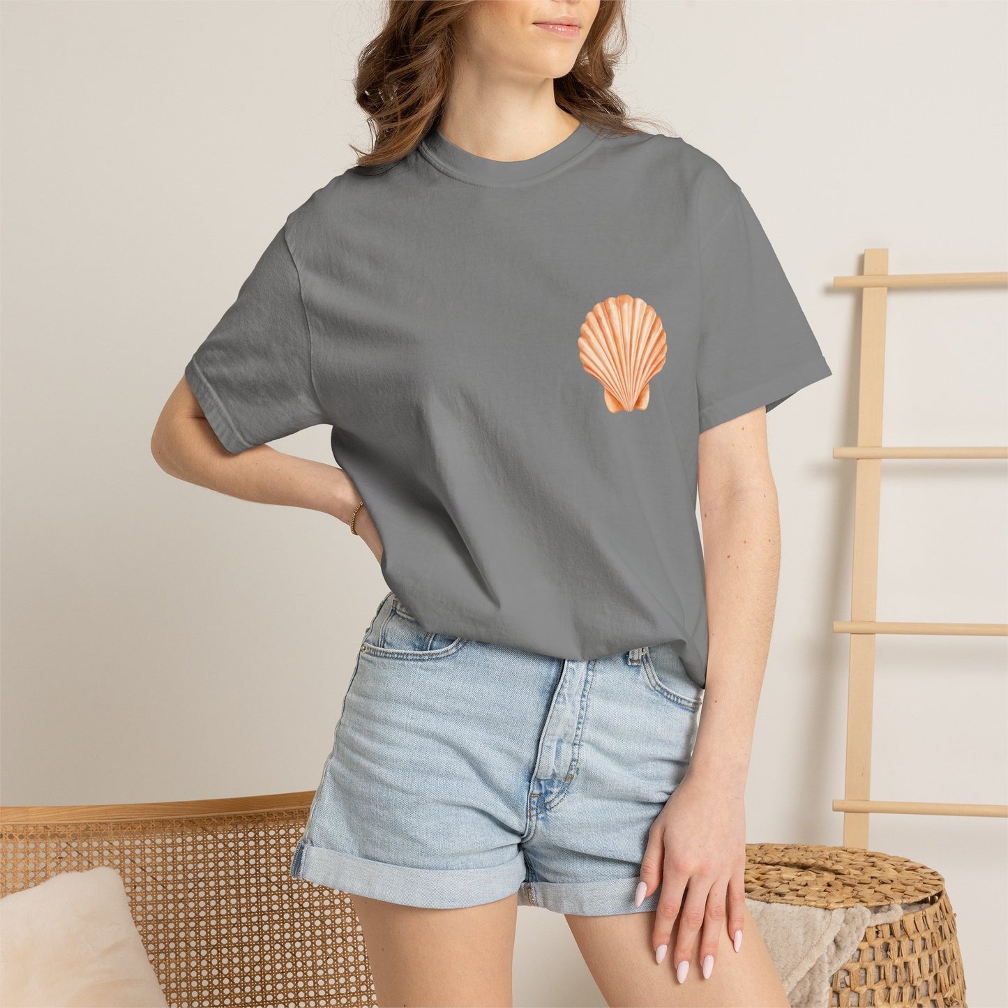 Shell Pocket T-Shirt — Minimal Beach Tee with Orange Seashell