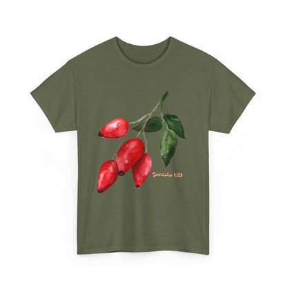 Rosehip Botanical Tee — Illustrated Rose Hips with Jeremiah 1:9 Scripture Accent