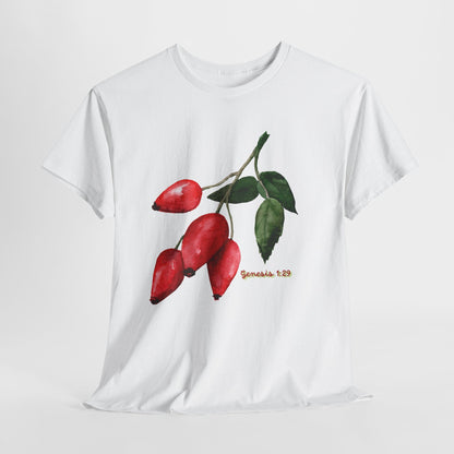 Rosehip Botanical Tee — Illustrated Rose Hips with Jeremiah 1:9 Scripture Accent