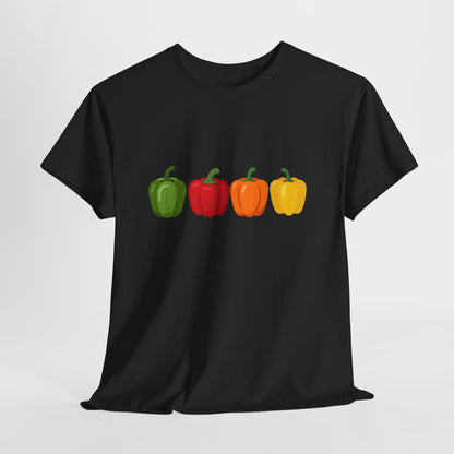 Bell Pepper Graphic Tee — Colorful Green Red Orange Yellow Peppers Shirt