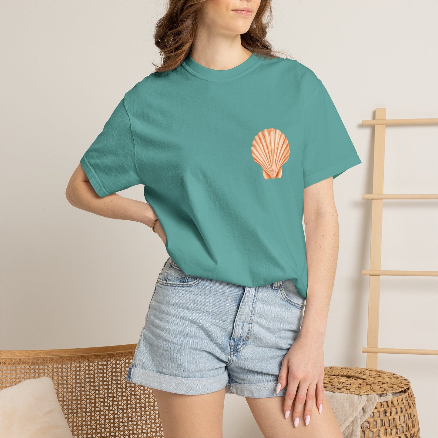 Shell Pocket T-Shirt — Minimal Beach Tee with Orange Seashell