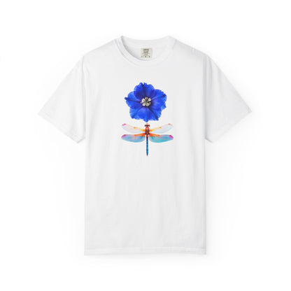 Dragonfly & Blue Blossom T-Shirt — Floral Nature Graphic Tee