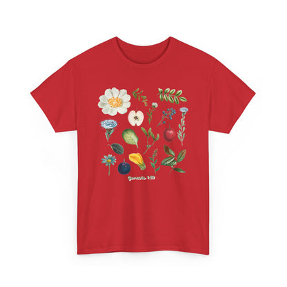 Botanical Fruit & Flower Tee — Watercolor Garden Illustration T-Shirt Genesis 1:29