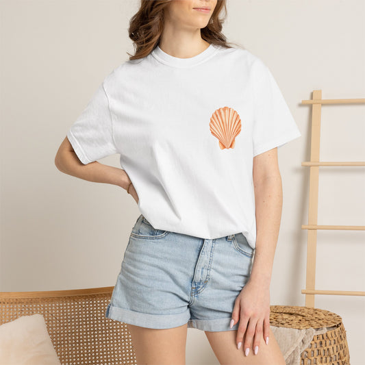 Shell Pocket T-Shirt — Minimal Beach Tee with Orange Seashell