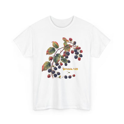 Blackberry Branch T-Shirt — Botanical Berry Illustration with "Genesis 1:29"