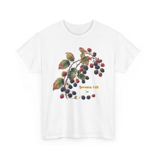 Blackberry Branch T-Shirt — Botanical Berry Illustration with "Genesis 1:29"