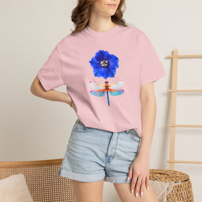 Dragonfly & Blue Blossom T-Shirt — Floral Nature Graphic Tee