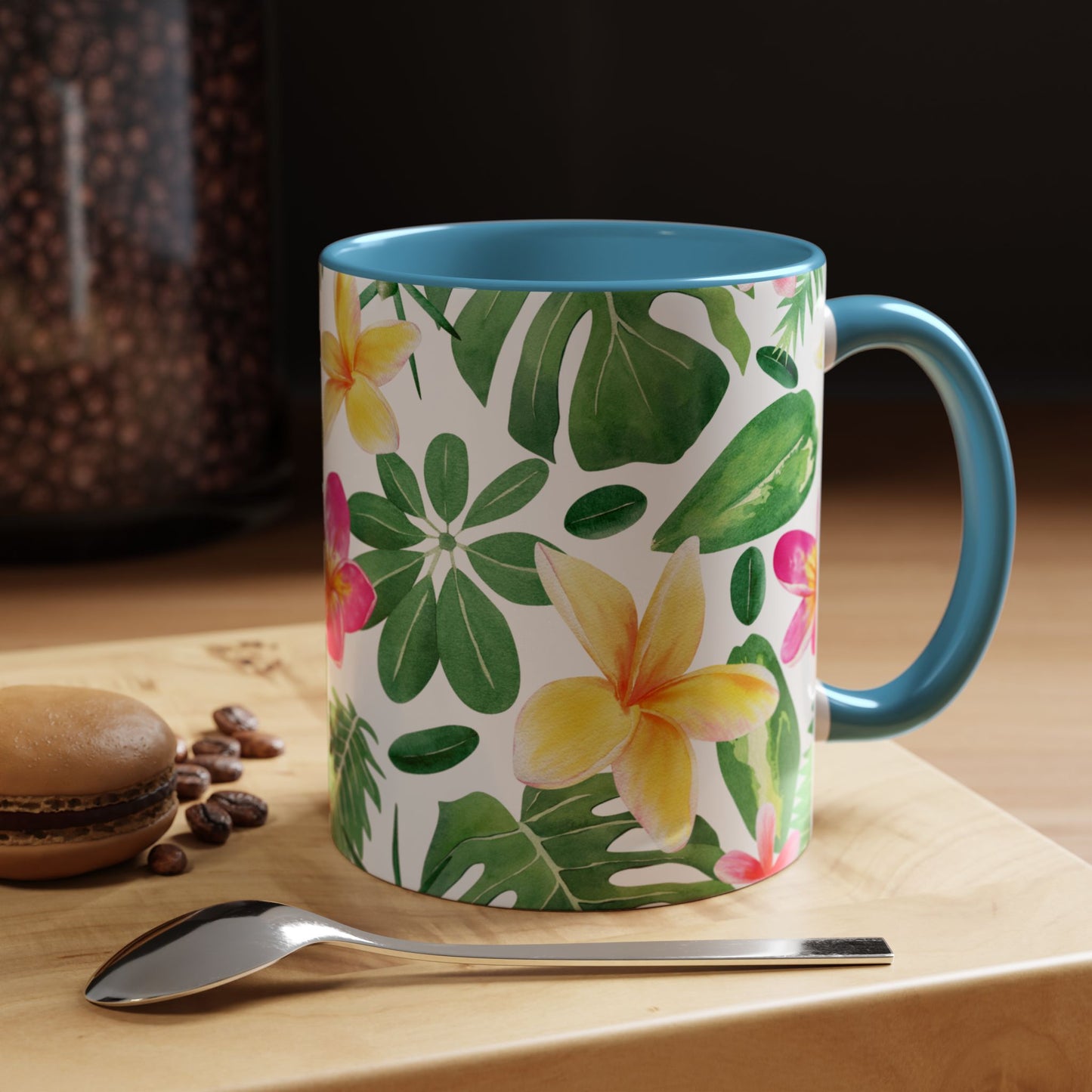 Tropical Floral Coffee Mug — Plumeria & Palm Accent Mug (11/15oz)