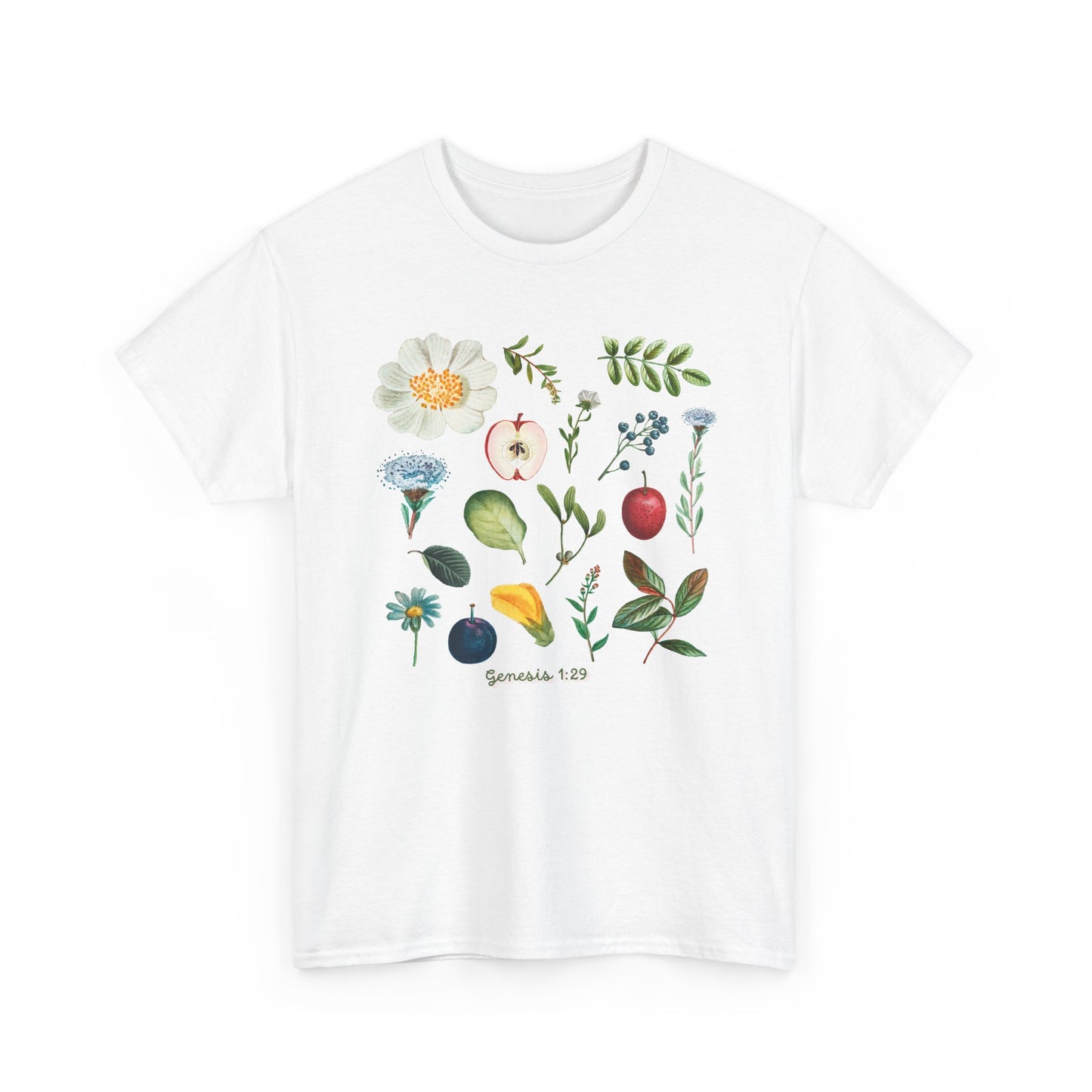 Botanical Fruit & Flower Tee — Watercolor Garden Illustration T-Shirt Genesis 1:29