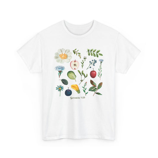Botanical Fruit & Flower Tee — Watercolor Garden Illustration T-Shirt Genesis 1:29