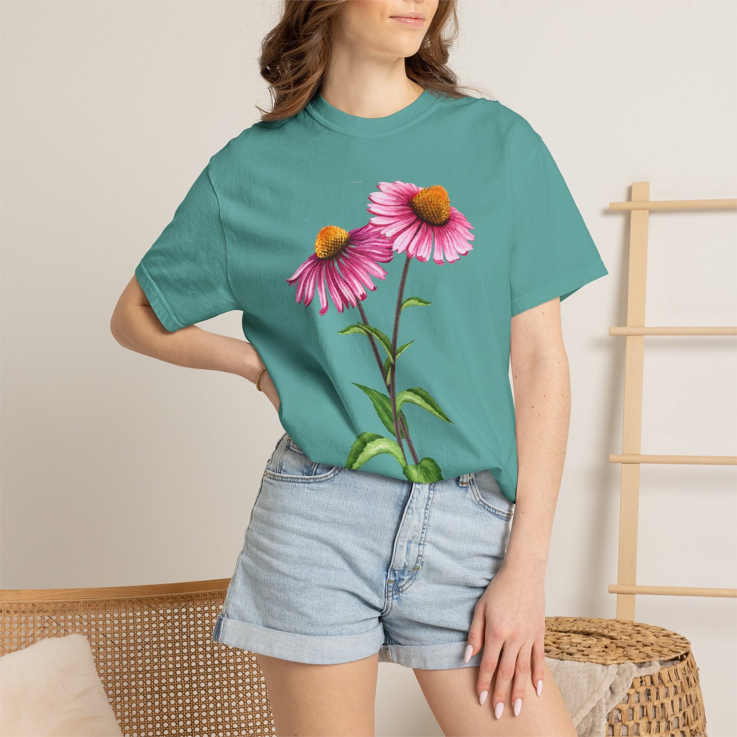 Floral Coneflower T-Shirt — Pink Echinacea Botanical Tee