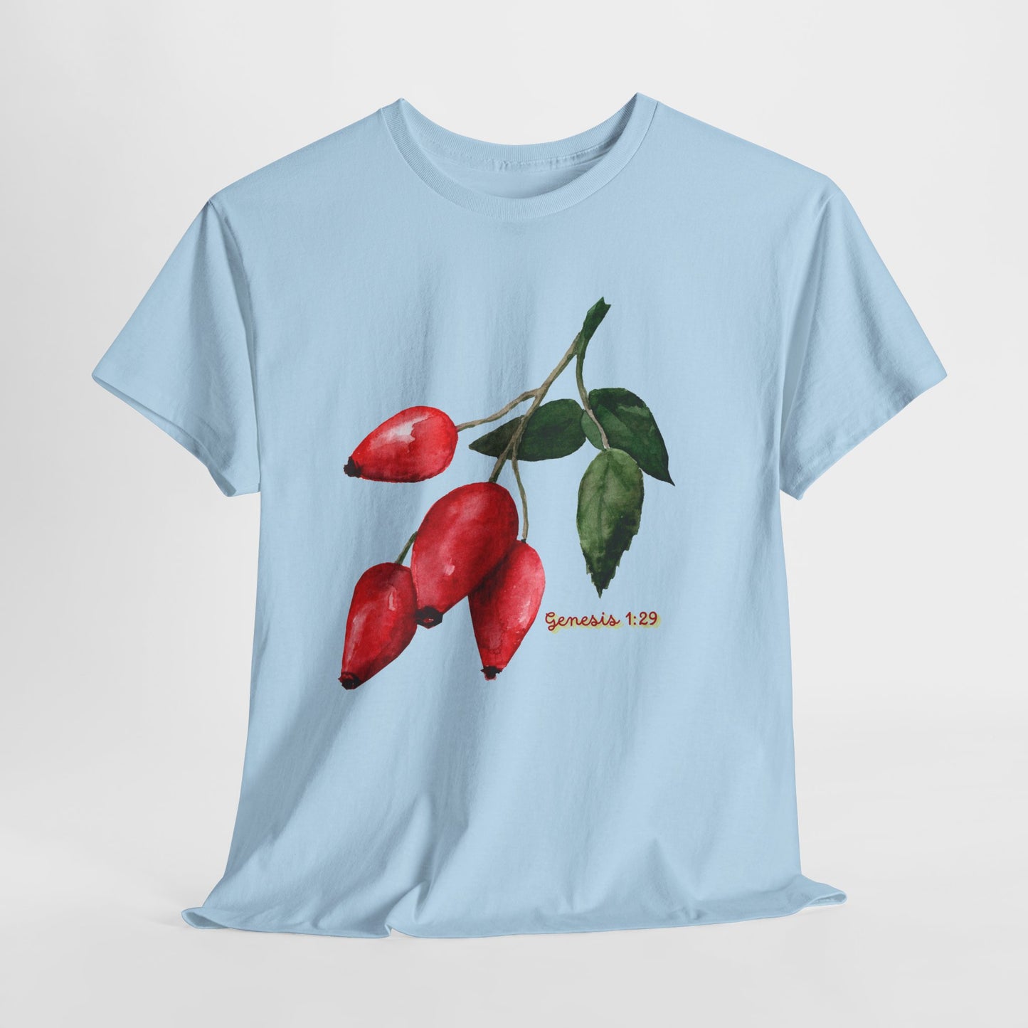 Rosehip Botanical Tee — Illustrated Rose Hips with Jeremiah 1:9 Scripture Accent
