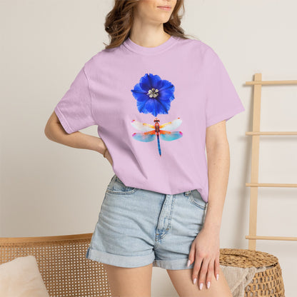 Dragonfly & Blue Blossom T-Shirt — Floral Nature Graphic Tee