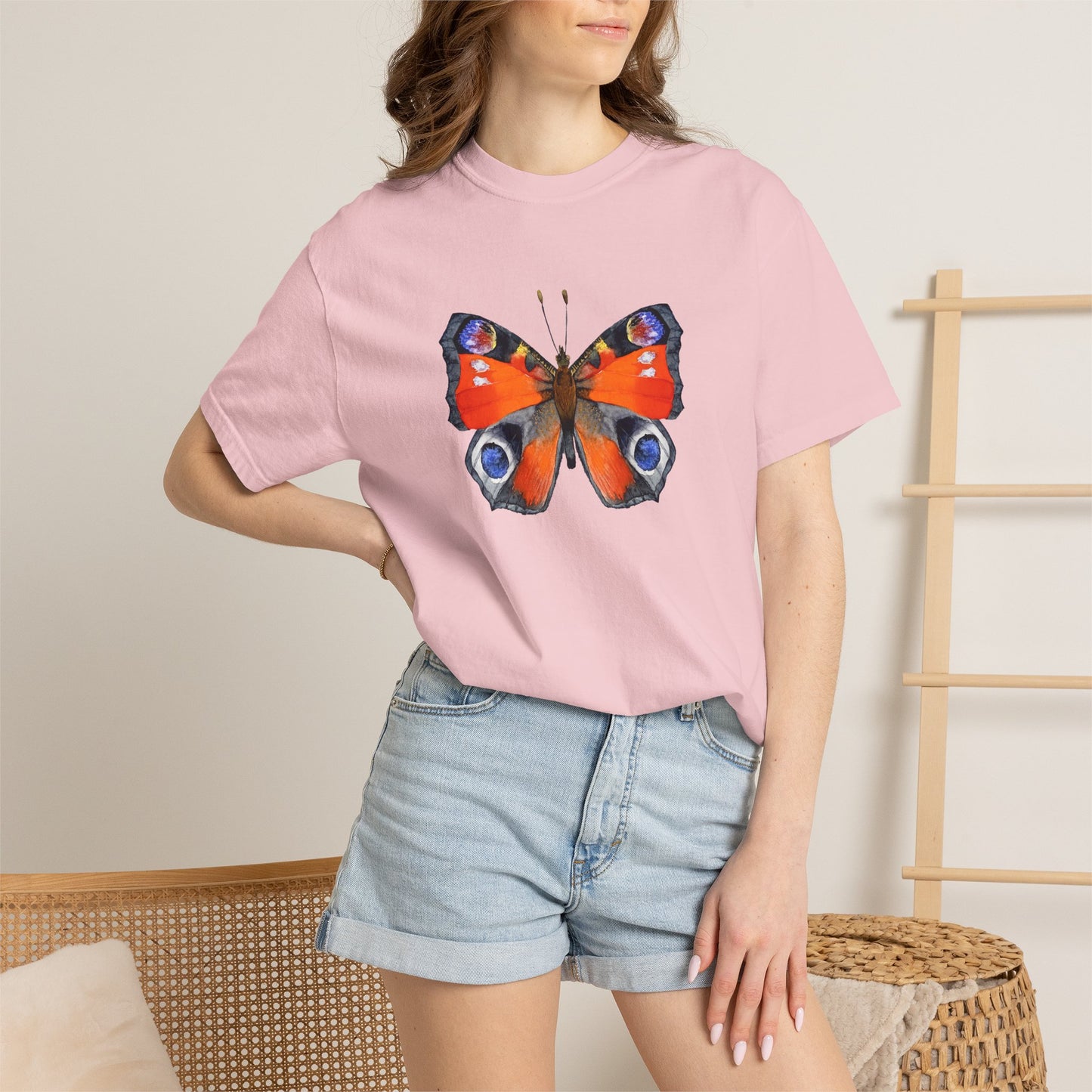 Butterfly Graphic T-Shirt — Vibrant Peacock Butterfly Print on Natural Tee