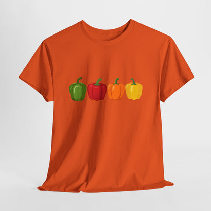 Bell Pepper Graphic Tee — Colorful Green Red Orange Yellow Peppers Shirt
