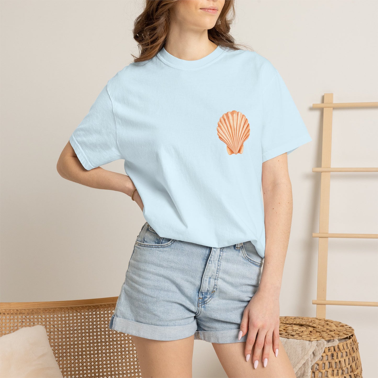 Shell Pocket T-Shirt — Minimal Beach Tee with Orange Seashell