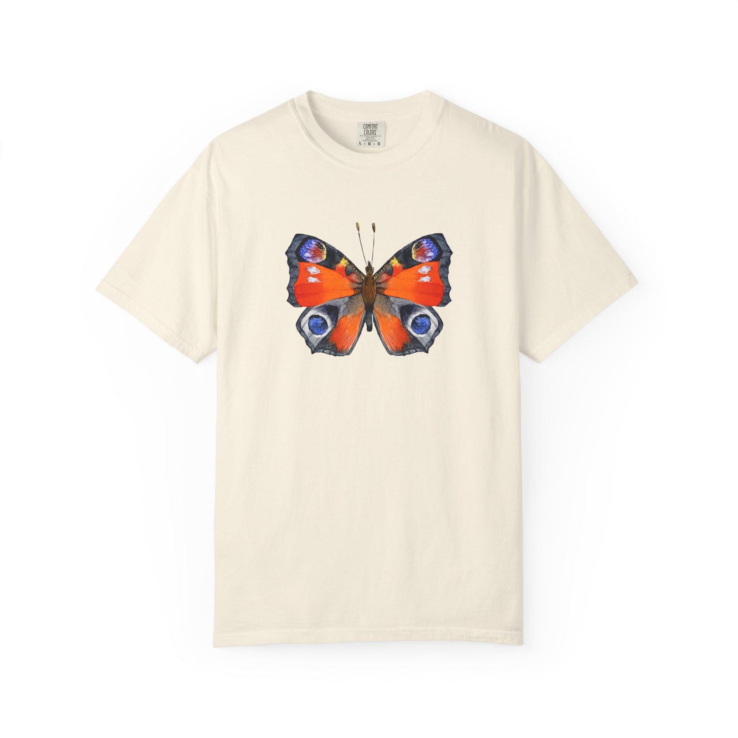 Butterfly Graphic T-Shirt — Vibrant Peacock Butterfly Print on Natural Tee