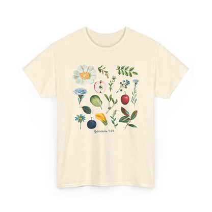 Botanical Fruit & Flower Tee — Watercolor Garden Illustration T-Shirt Genesis 1:29