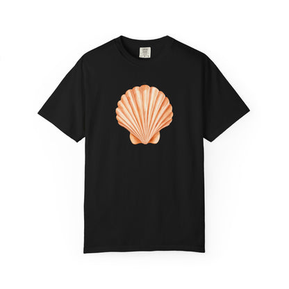 Shell Pocket T-Shirt — Minimal Beach Tee with Orange Seashell