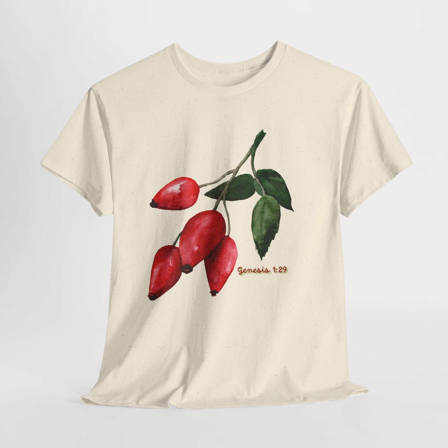 Rosehip Botanical Tee — Illustrated Rose Hips with Jeremiah 1:9 Scripture Accent