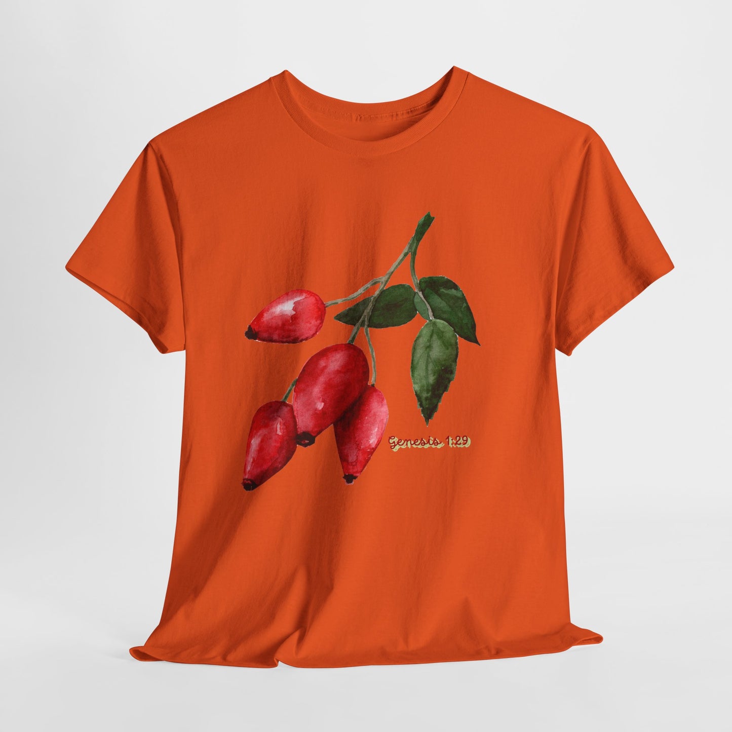 Rosehip Botanical Tee — Illustrated Rose Hips with Jeremiah 1:9 Scripture Accent