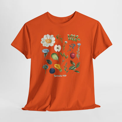Botanical Fruit & Flower Tee — Watercolor Garden Illustration T-Shirt Genesis 1:29