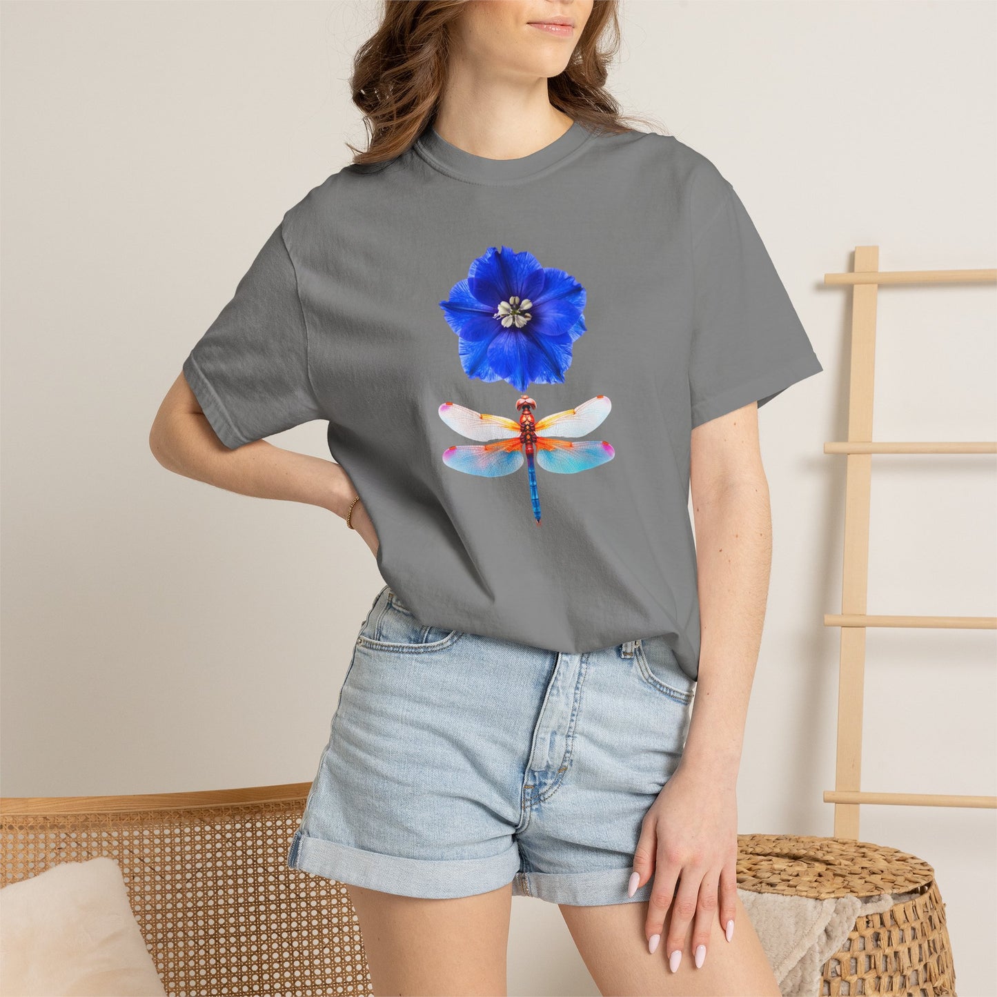Dragonfly & Blue Blossom T-Shirt — Floral Nature Graphic Tee