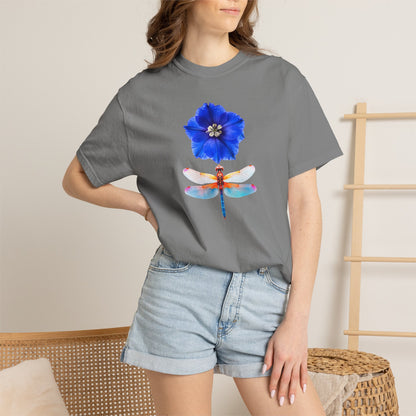 Dragonfly & Blue Blossom T-Shirt — Floral Nature Graphic Tee
