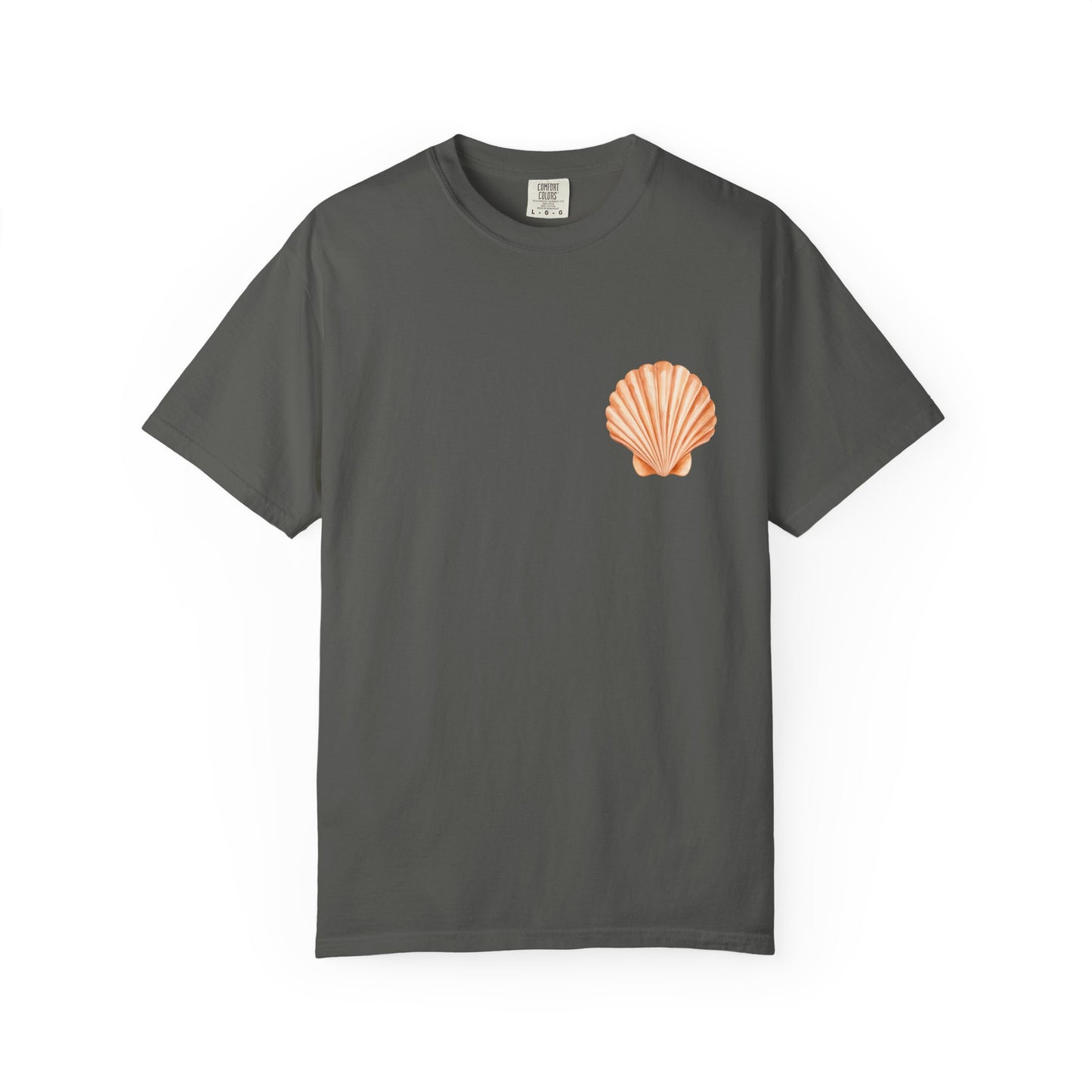 Shell Pocket T-Shirt — Minimal Beach Tee with Orange Seashell