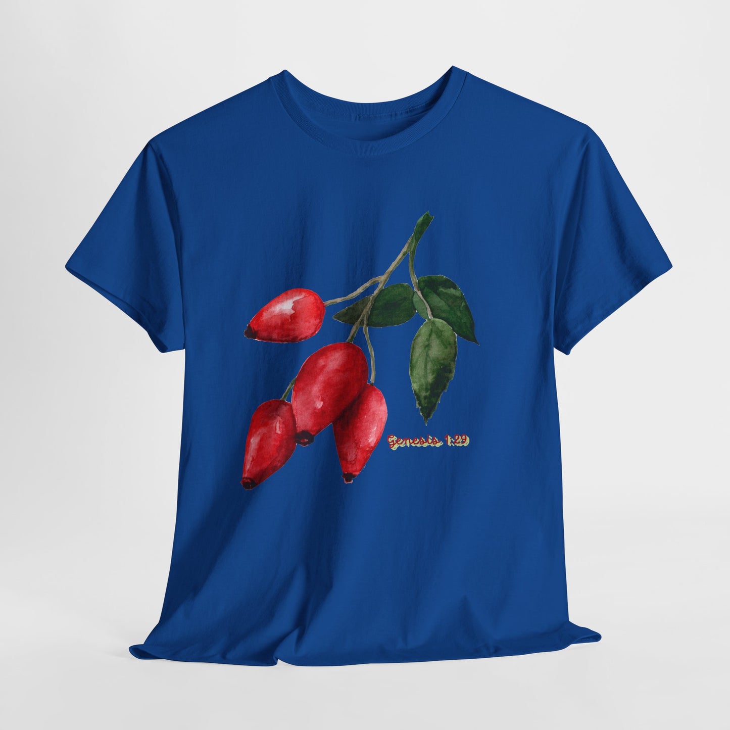 Rosehip Botanical Tee — Illustrated Rose Hips with Jeremiah 1:9 Scripture Accent