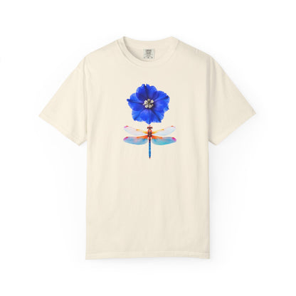 Dragonfly & Blue Blossom T-Shirt — Floral Nature Graphic Tee
