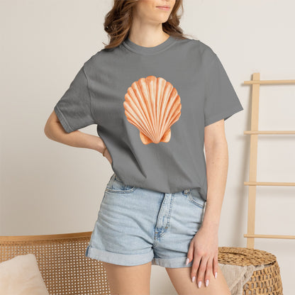 Shell Pocket T-Shirt — Minimal Beach Tee with Orange Seashell