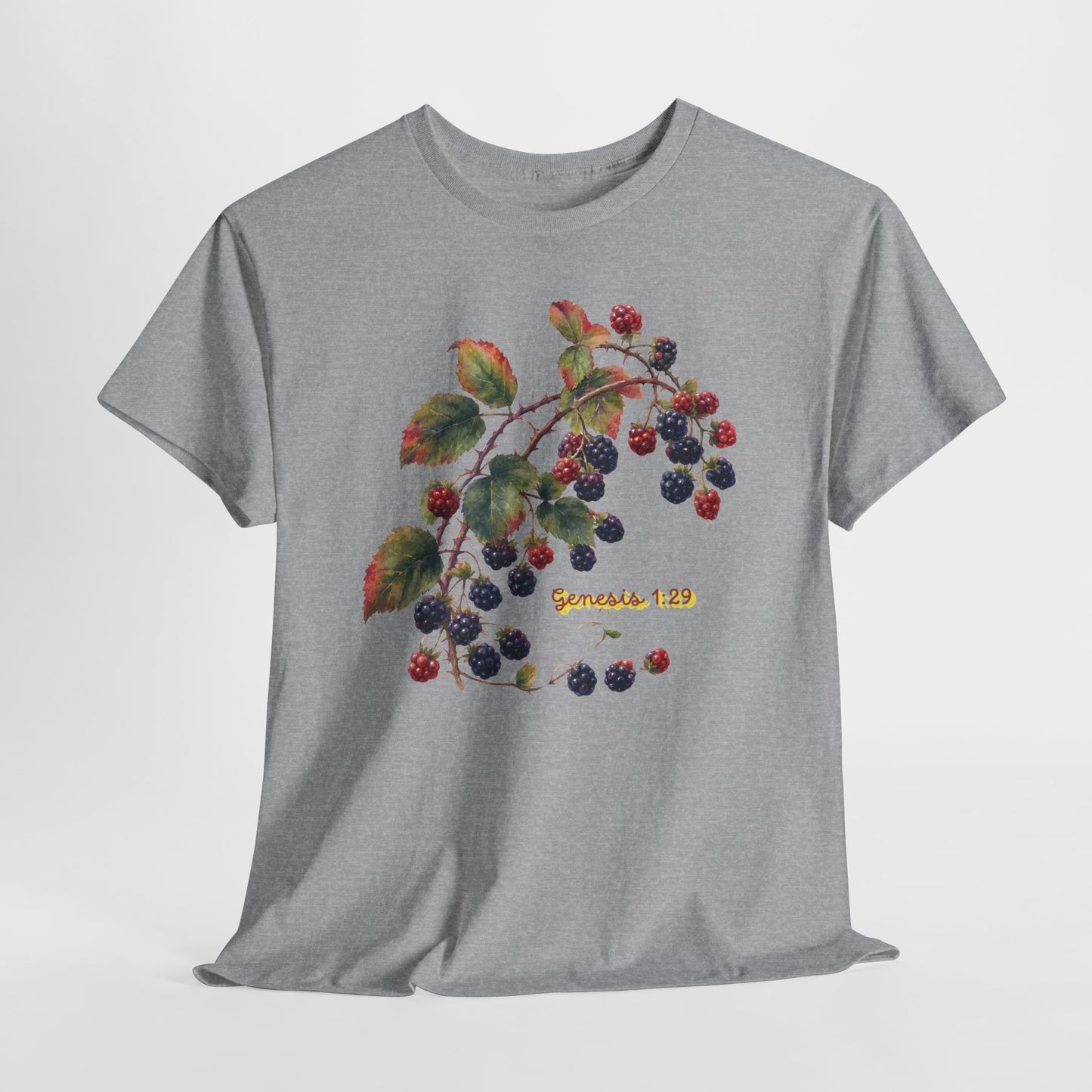 Blackberry Branch T-Shirt — Botanical Berry Illustration with "Genesis 1:29"