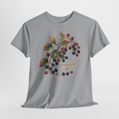 Blackberry Branch T-Shirt — Botanical Berry Illustration with "Genesis 1:29"