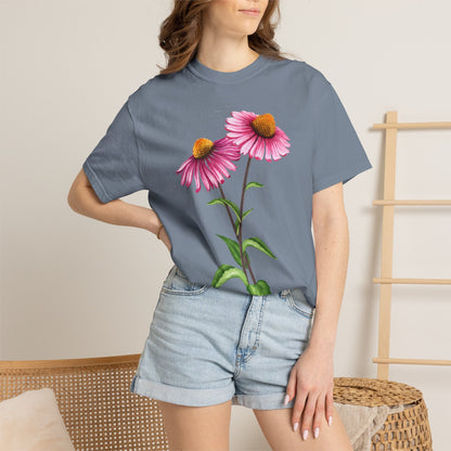 Floral Coneflower T-Shirt — Pink Echinacea Botanical Tee