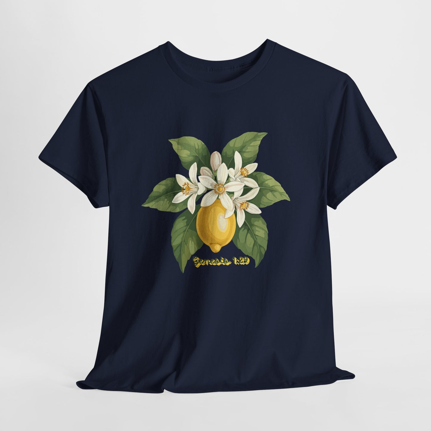 T-Shirt — Lemon Blossom Graphic Tee with 'Genesis 1:29' Scripture
