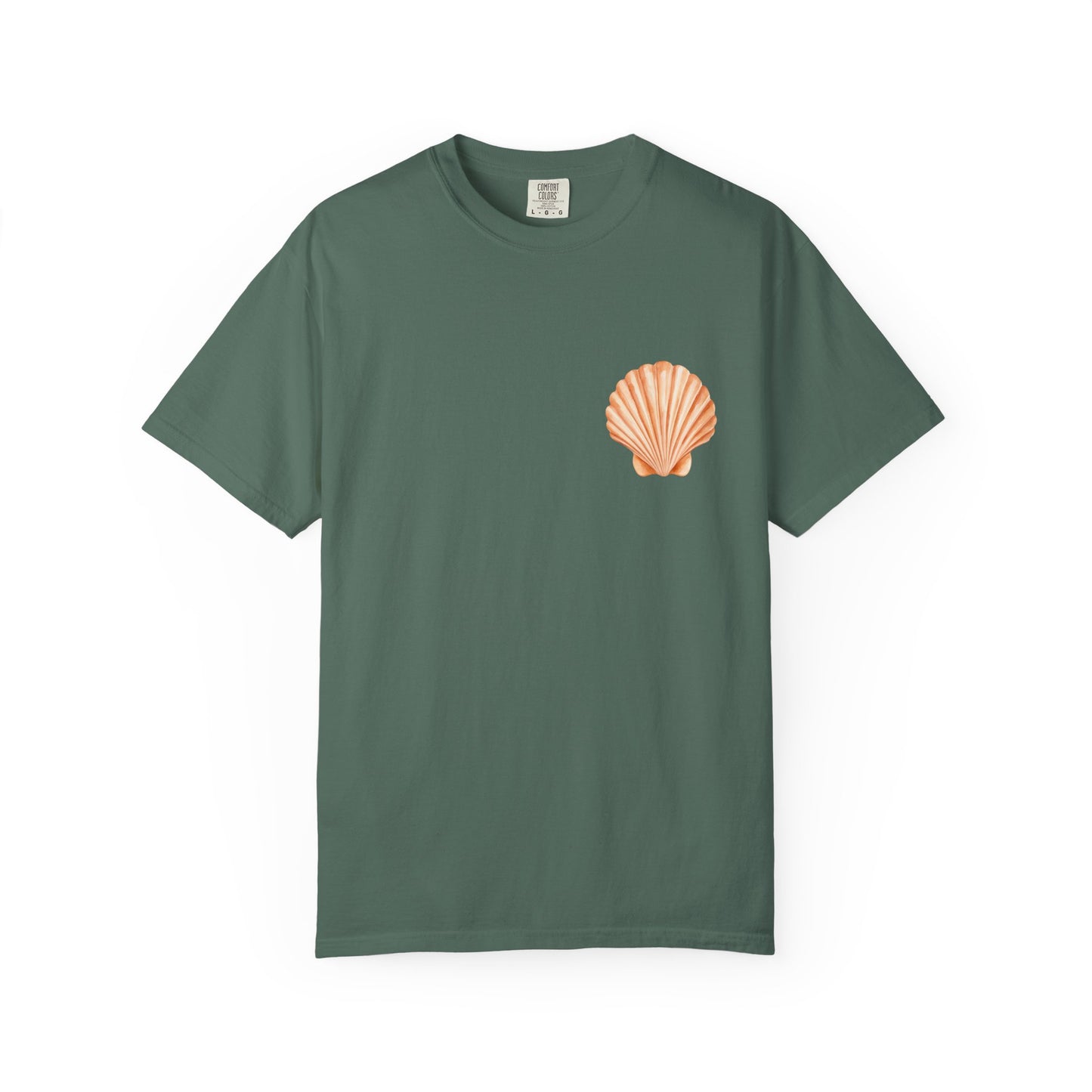 Shell Pocket T-Shirt — Minimal Beach Tee with Orange Seashell