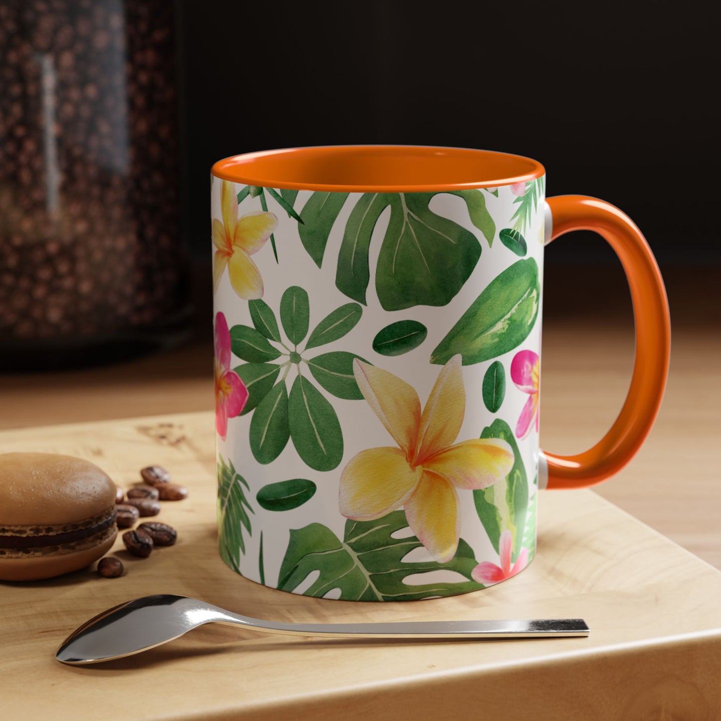 Tropical Floral Coffee Mug — Plumeria & Palm Accent Mug (11/15oz)
