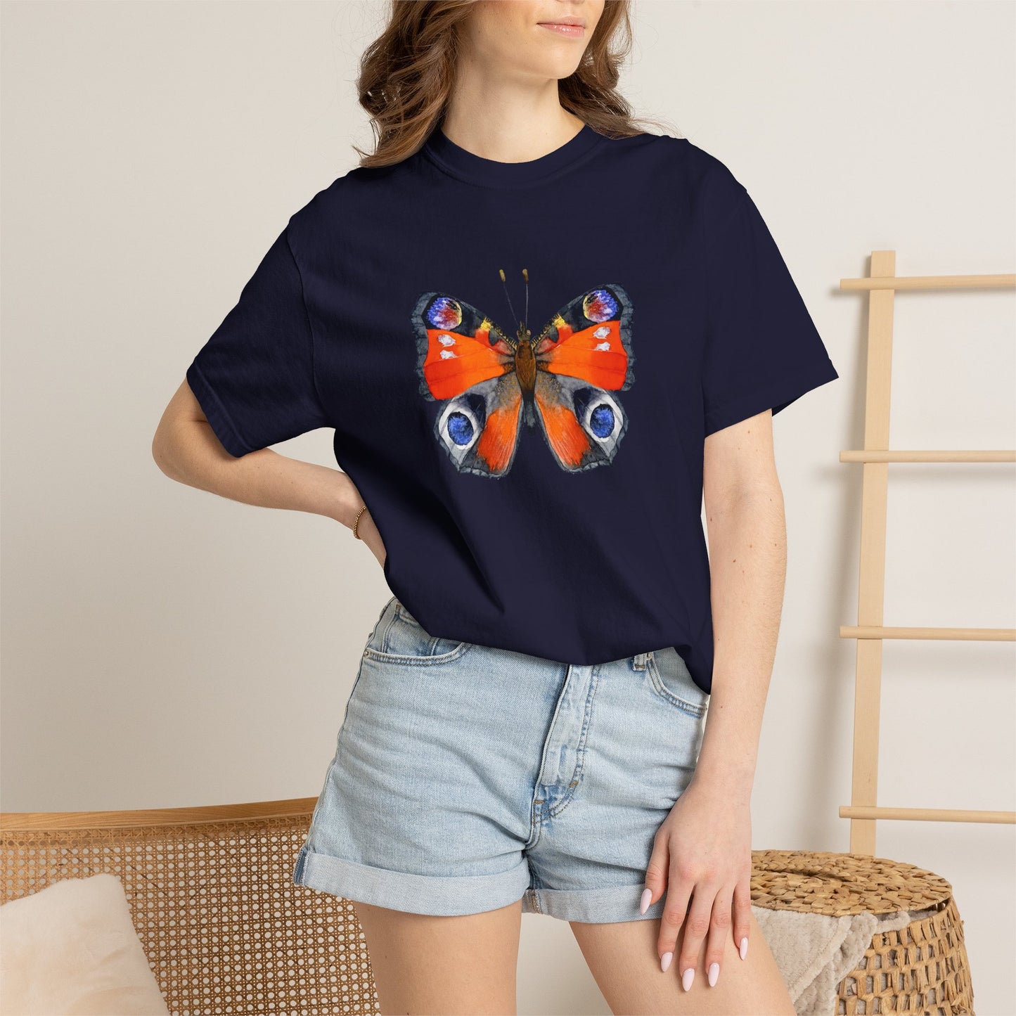 Butterfly Graphic T-Shirt — Vibrant Peacock Butterfly Print on Natural Tee