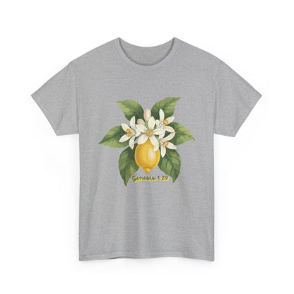 T-Shirt — Lemon Blossom Graphic Tee with 'Genesis 1:29' Scripture